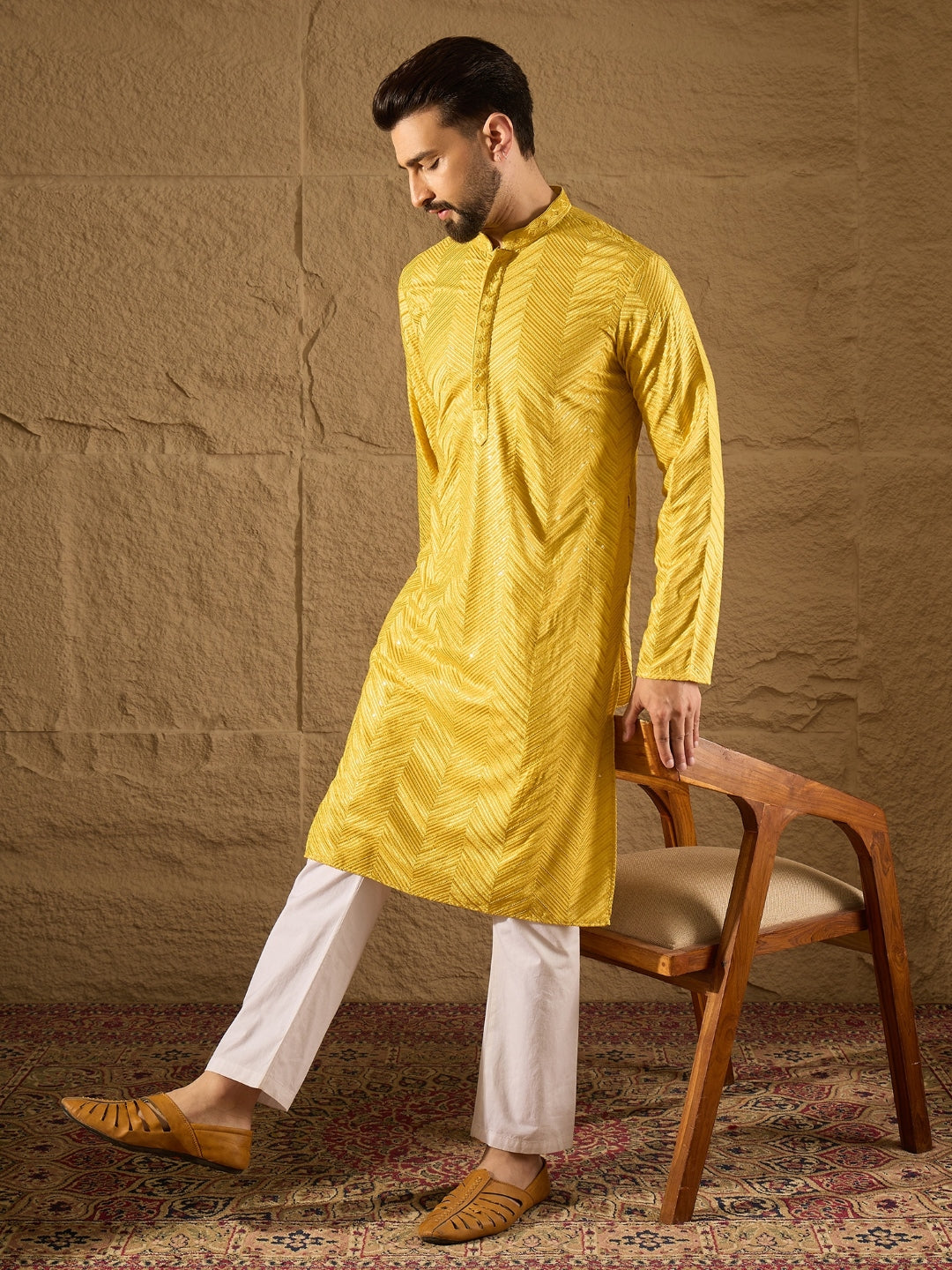 Ethnic Bay Men Yellow Viscose Rayon Solid Embroidered Straight Kurta with Trouser-MKSET1204