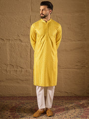 Ethnic Bay Men Yellow Viscose Rayon Solid Embroidered Straight Kurta with Trouser-MKSET1204