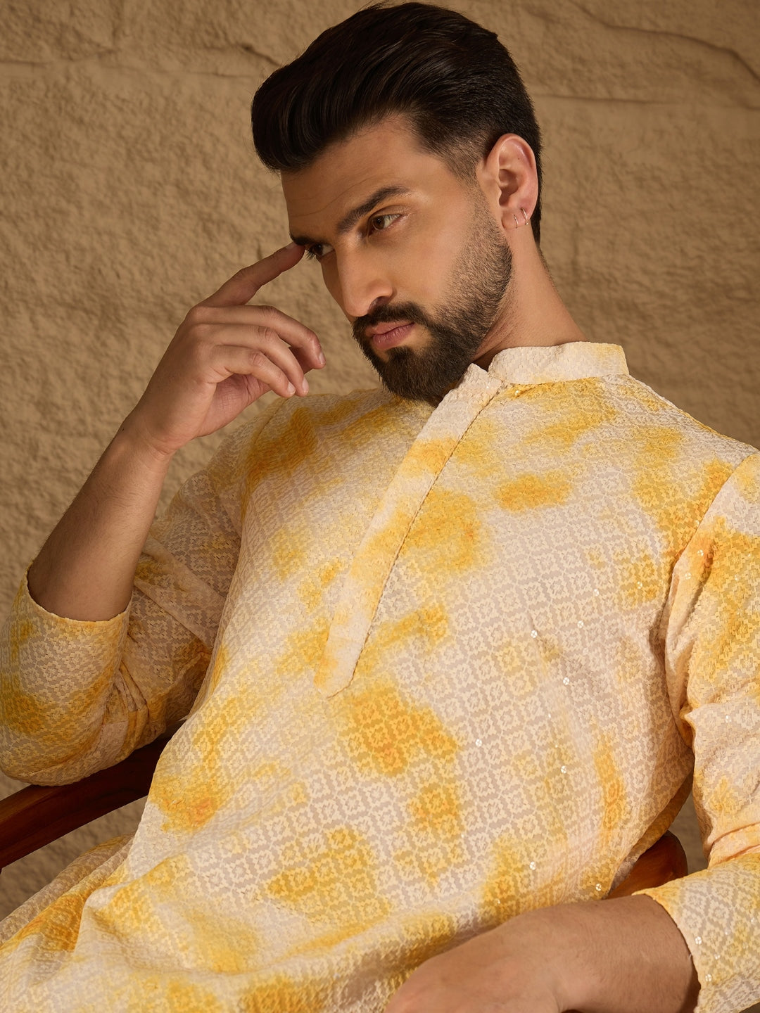 Ethnic Bay Men Yellow Viscose Rayon Abstract Embroidered Straight Kurta with Trouser-MKSET1263