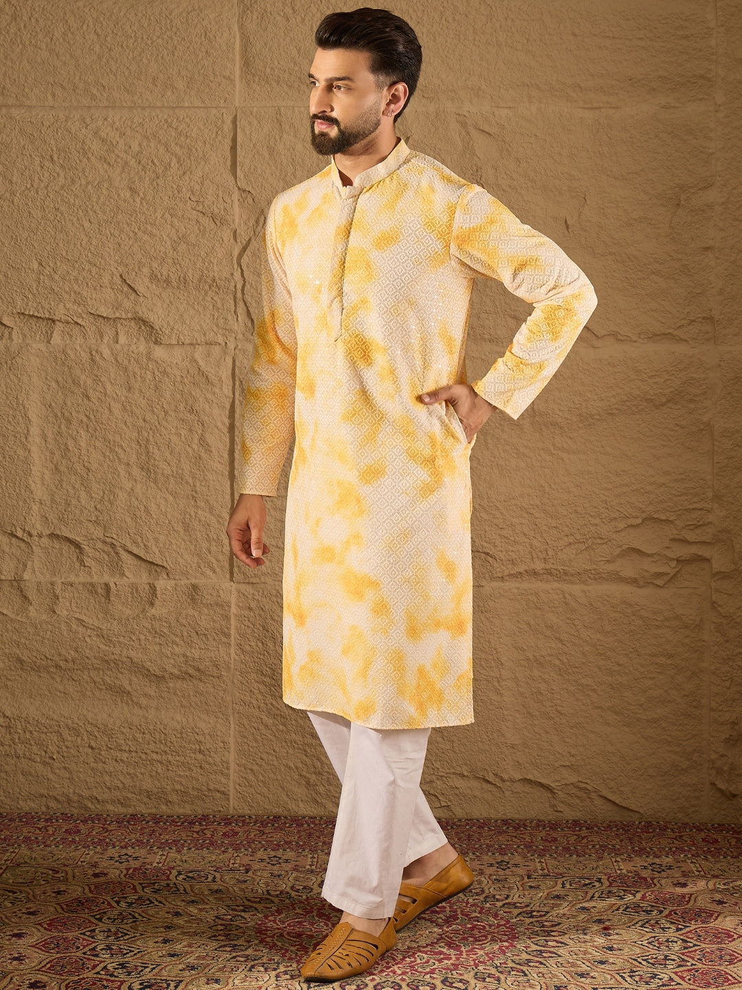Ethnic Bay Men Yellow Viscose Rayon Abstract Embroidered Straight Kurta with Trouser-MKSET1263