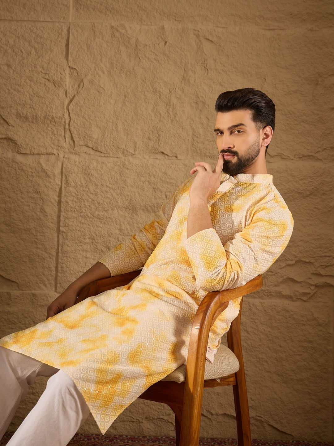 Ethnic Bay Men Yellow Viscose Rayon Abstract Embroidered Straight Kurta with Trouser-MKSET1263