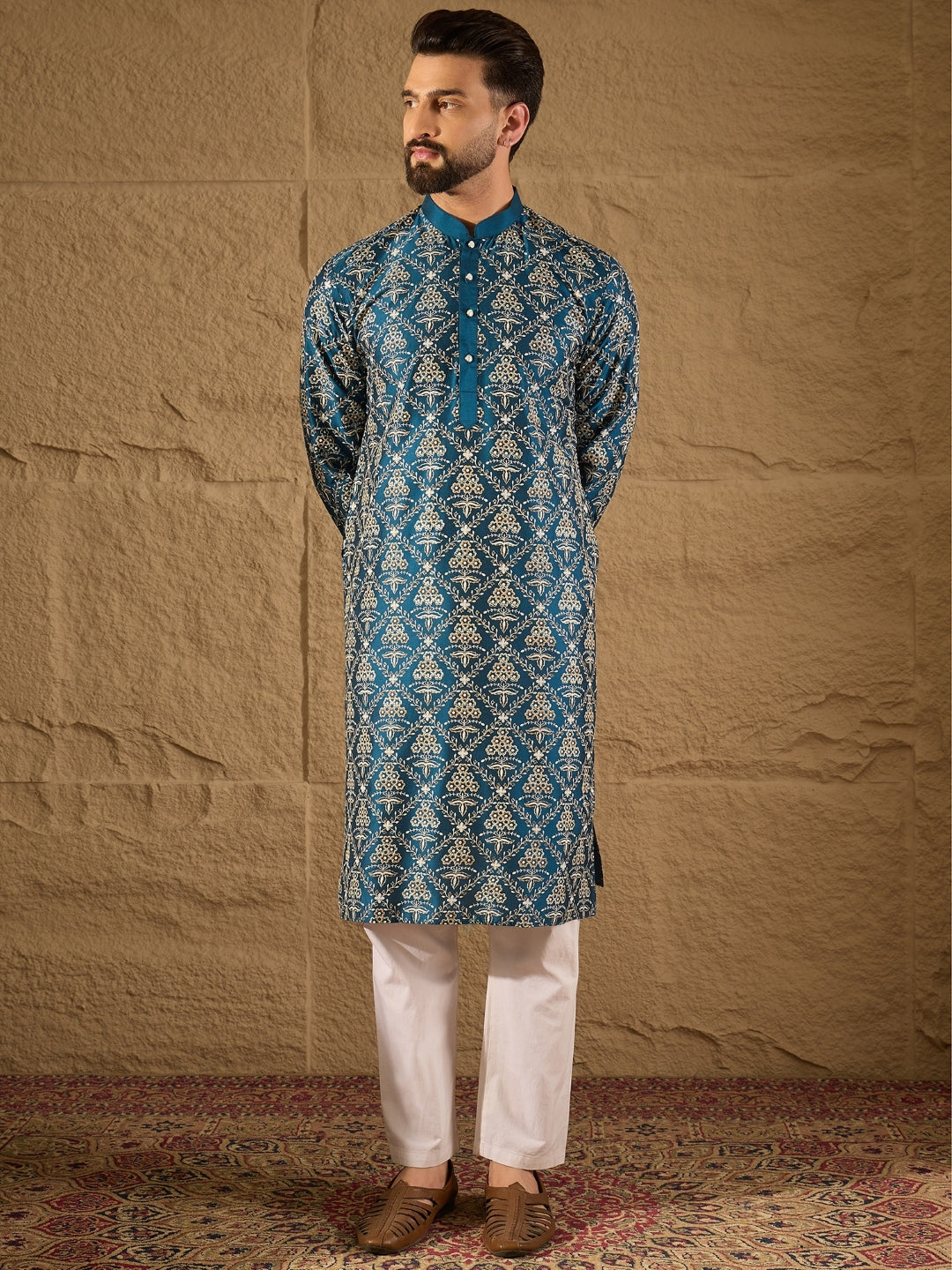 Ethnic Bay Men Blue Pure Silk Floral Printed Straight Kurta with Trouser-MKSET1273