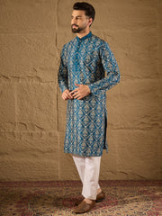 Ethnic Bay Men Blue Pure Silk Floral Printed Straight Kurta with Trouser-MKSET1273
