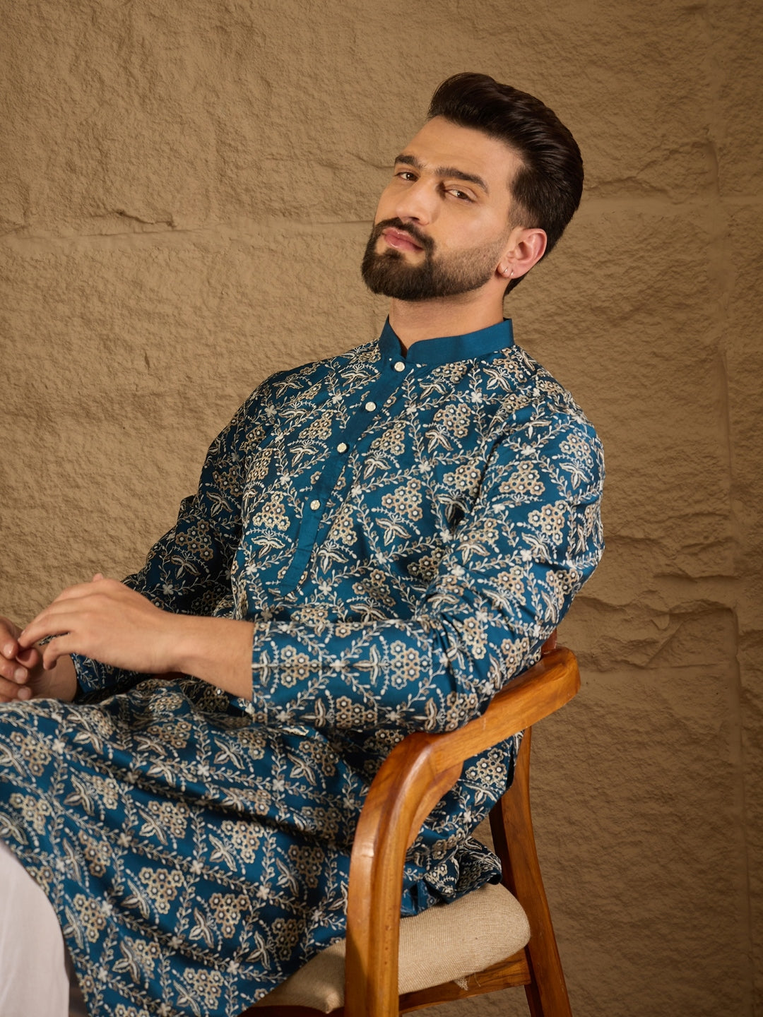 Ethnic Bay Men Blue Pure Silk Floral Printed Straight Kurta with Trouser-MKSET1273