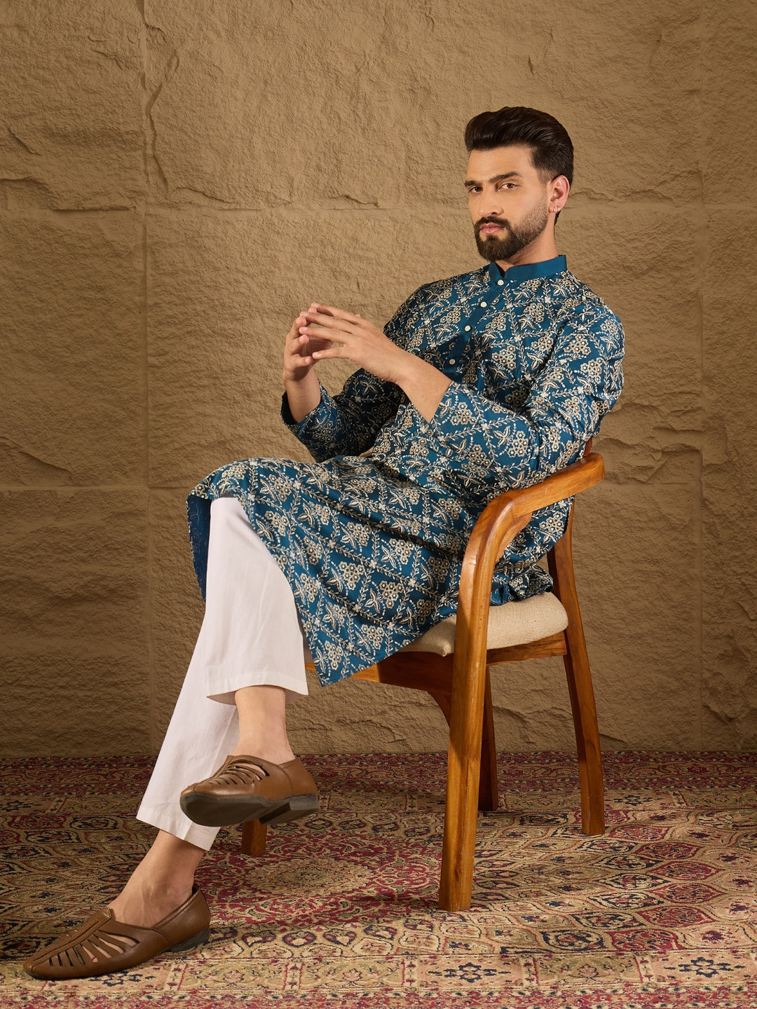 Ethnic Bay Men Blue Pure Silk Floral Printed Straight Kurta with Trouser-MKSET1273