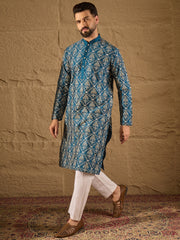 Ethnic Bay Men Blue Pure Silk Floral Printed Straight Kurta with Trouser-MKSET1273
