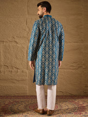 Ethnic Bay Men Blue Pure Silk Floral Printed Straight Kurta with Trouser-MKSET1273