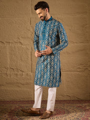 Ethnic Bay Men Blue Pure Silk Floral Printed Straight Kurta with Trouser-MKSET1273