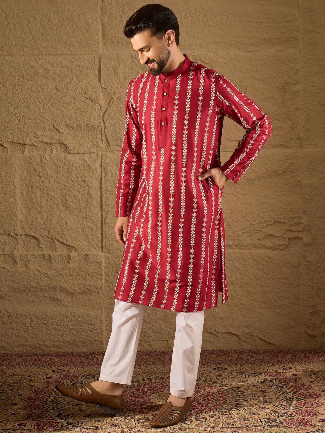 Ethnic Bay Men Maroon Viscose Rayon Ethnic Motifs Printed Straight Kurta with Trouser-MKSET1278