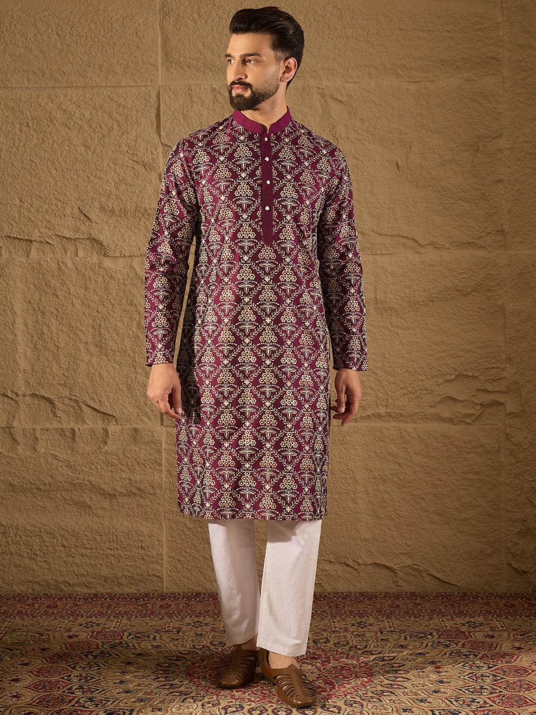 Ethnic Bay Men Purple Pure Silk Floral Printed Straight Kurta with Trouser-MKSET1279