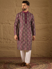 Ethnic Bay Men Purple Pure Silk Floral Printed Straight Kurta with Trouser-MKSET1279
