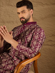 Ethnic Bay Men Purple Pure Silk Floral Printed Straight Kurta with Trouser-MKSET1279