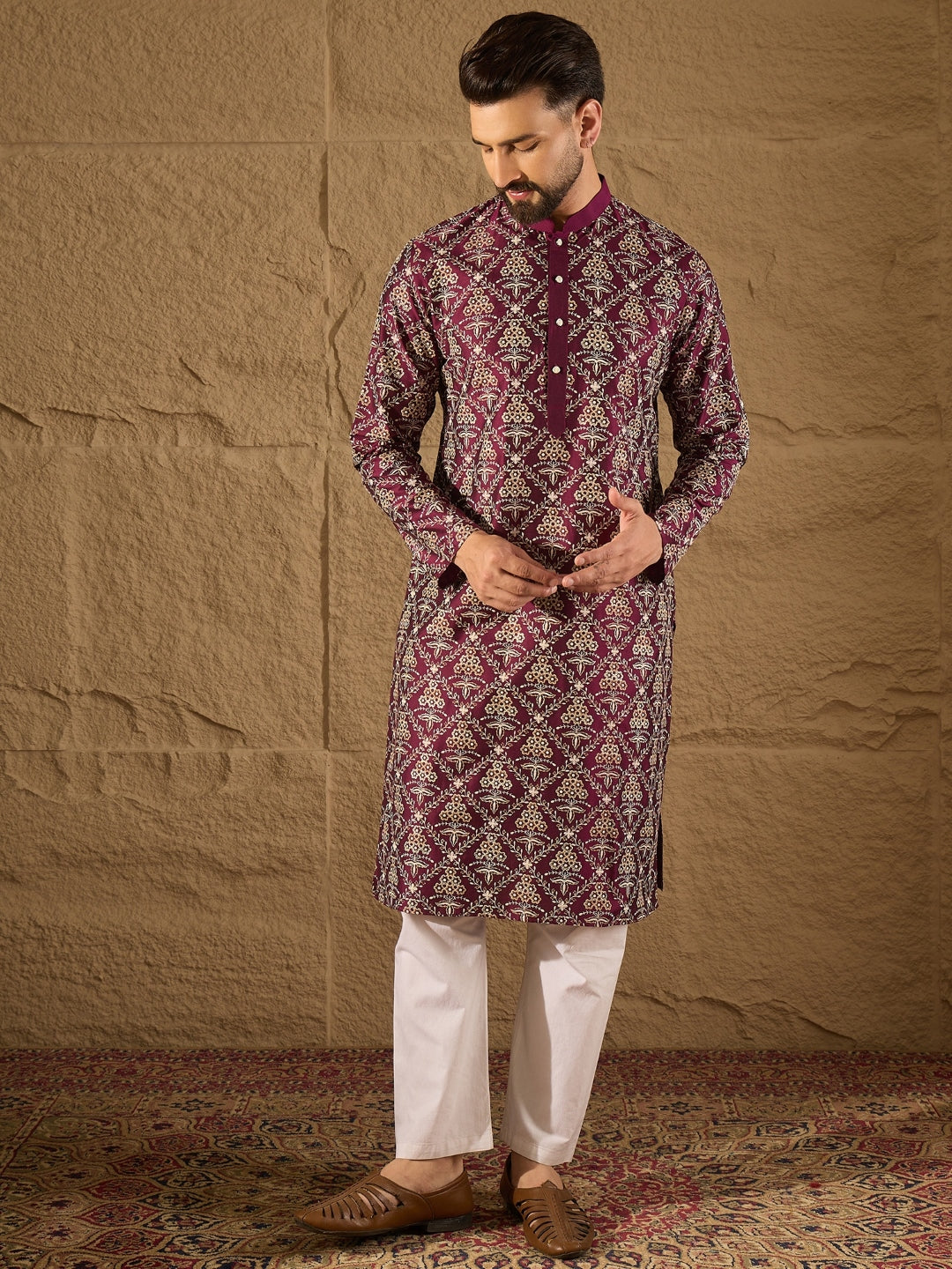 Ethnic Bay Men Purple Pure Silk Floral Printed Straight Kurta with Trouser-MKSET1279