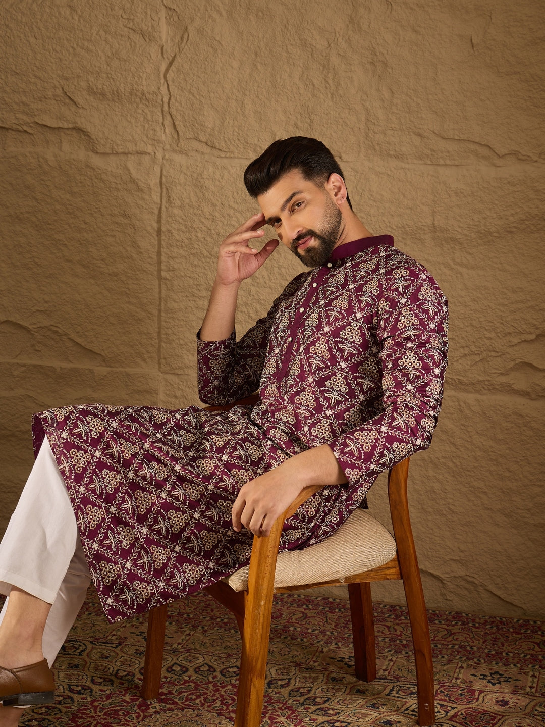 Ethnic Bay Men Purple Pure Silk Floral Printed Straight Kurta with Trouser-MKSET1279
