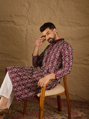 Ethnic Bay Men Purple Pure Silk Floral Printed Straight Kurta with Trouser-MKSET1279