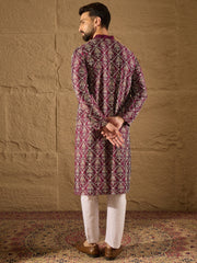 Ethnic Bay Men Purple Pure Silk Floral Printed Straight Kurta with Trouser-MKSET1279
