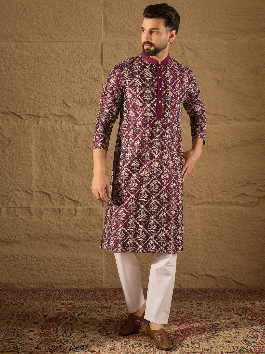 Ethnic Bay Men Purple Pure Silk Floral Printed Straight Kurta with Trouser-MKSET1279