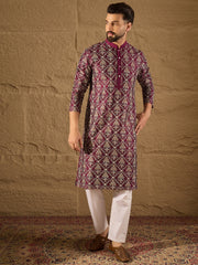 Ethnic Bay Men Purple Pure Silk Floral Printed Straight Kurta with Trouser-MKSET1279