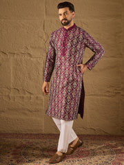Ethnic Bay Men Purple Pure Silk Floral Printed Straight Kurta with Trouser-MKSET1279
