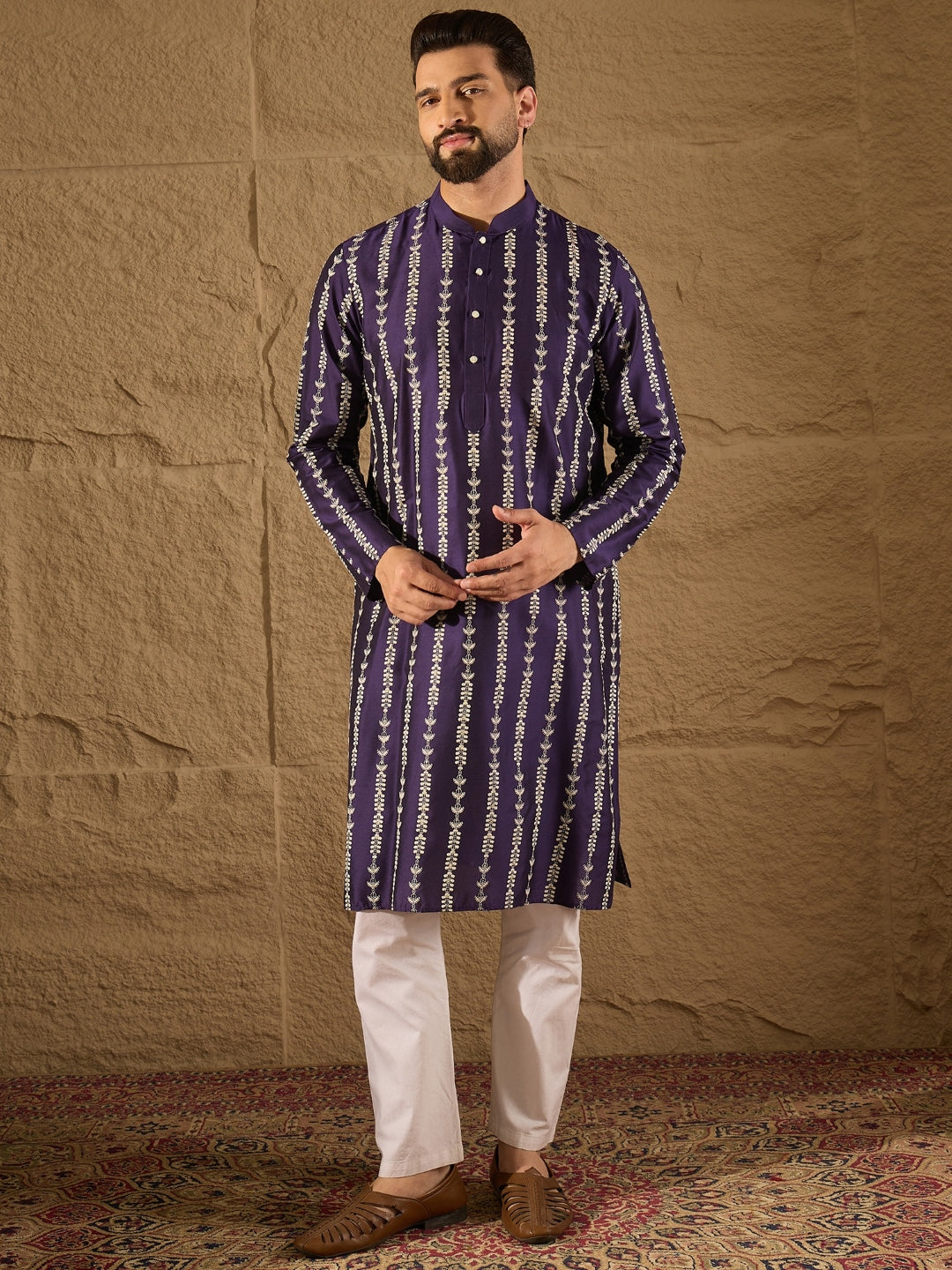 Ethnic Bay Men Purple Viscose Rayon Ethnic Motifs Printed Straight Kurta with Trousers-MKSET1280
