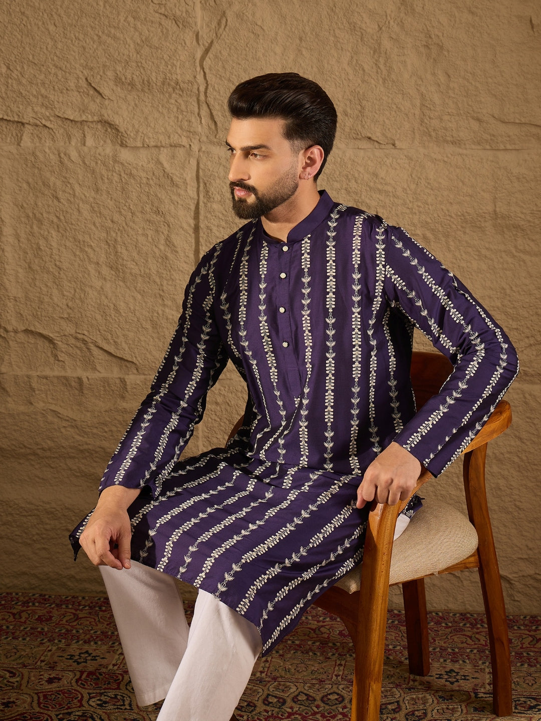Ethnic Bay Men Purple Viscose Rayon Ethnic Motifs Printed Straight Kurta with Trousers-MKSET1280