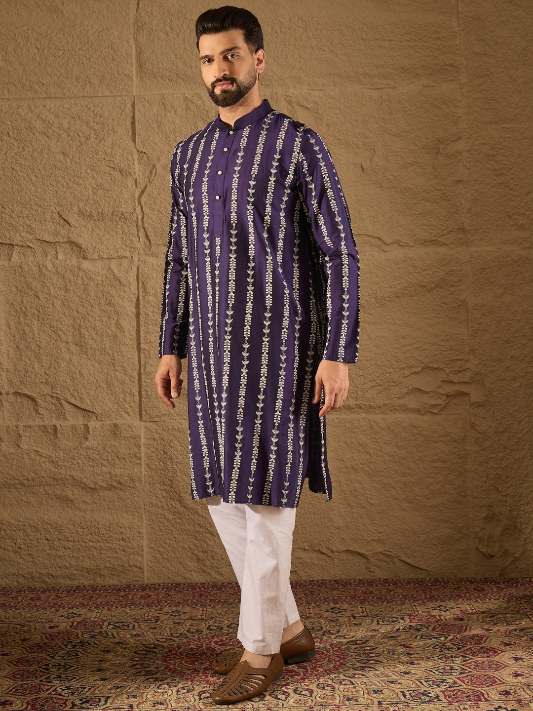 Ethnic Bay Men Purple Viscose Rayon Ethnic Motifs Printed Straight Kurta with Trousers-MKSET1280