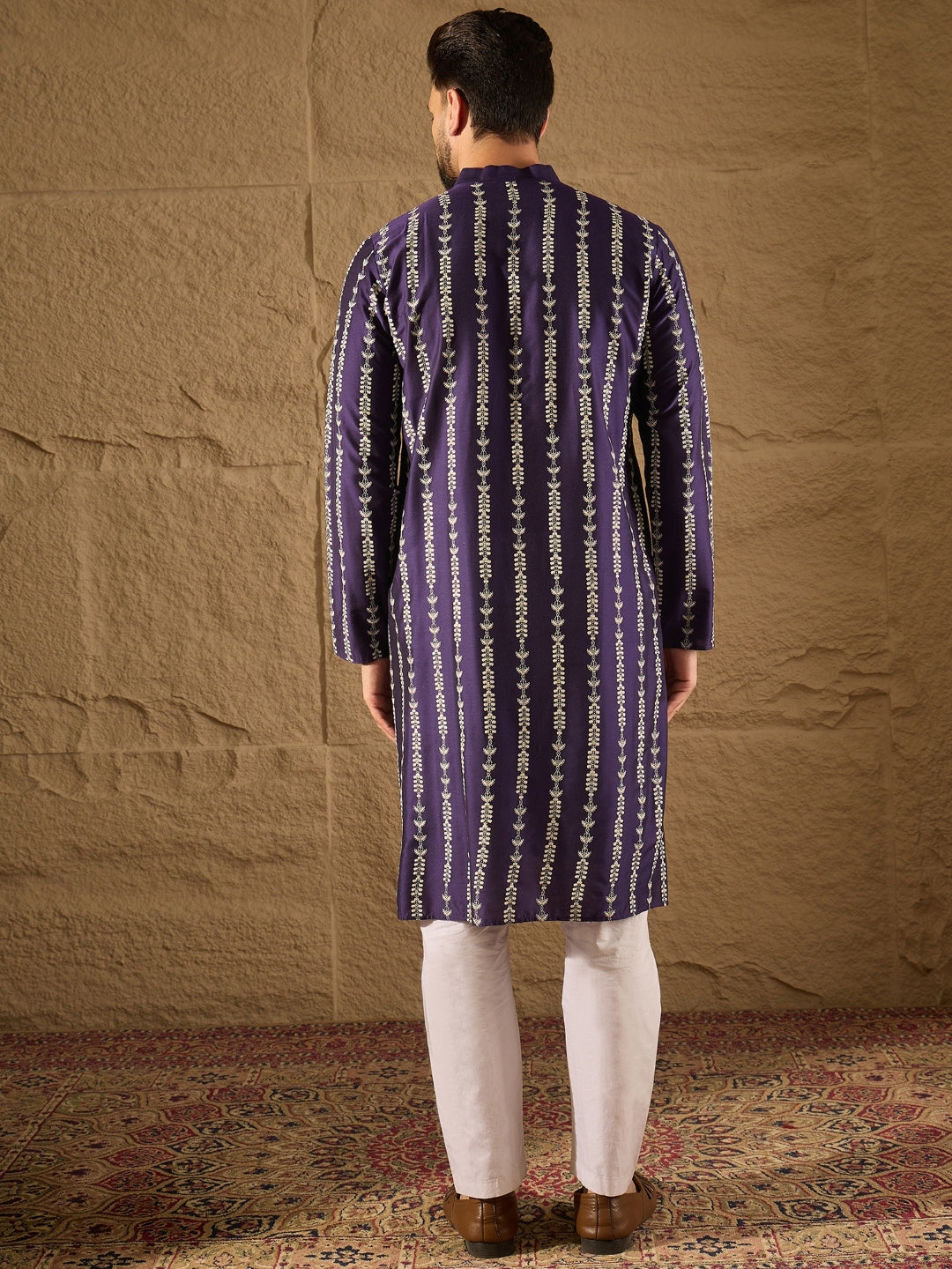 Ethnic Bay Men Purple Viscose Rayon Ethnic Motifs Printed Straight Kurta with Trousers-MKSET1280