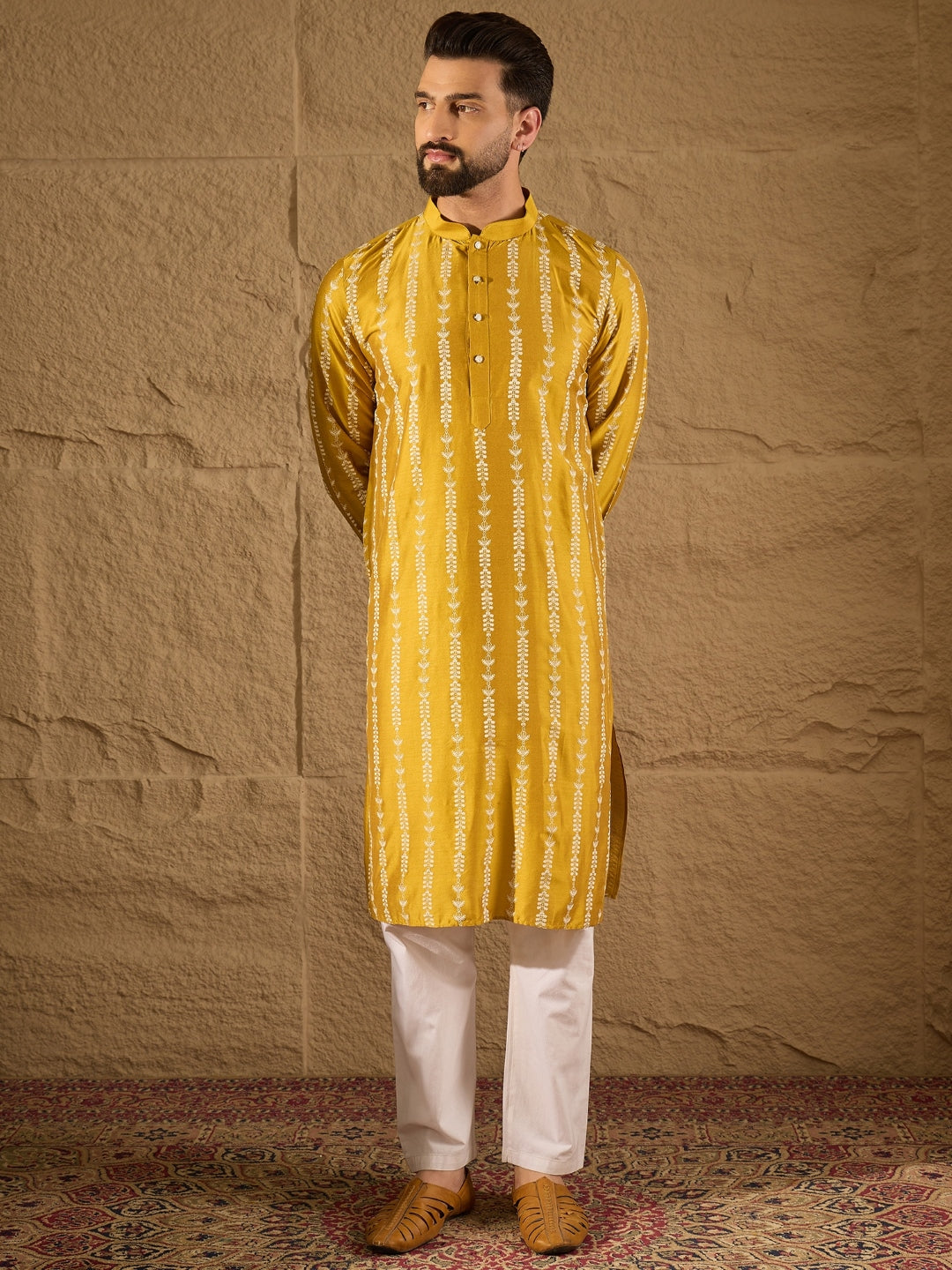 Ethnic Bay Men Yellow Viscose Rayon Ethnic Motifs Printed Straight Kurta with Trousers-MKSET1282