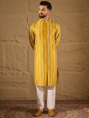 Ethnic Bay Men Yellow Viscose Rayon Ethnic Motifs Printed Straight Kurta with Trousers-MKSET1282