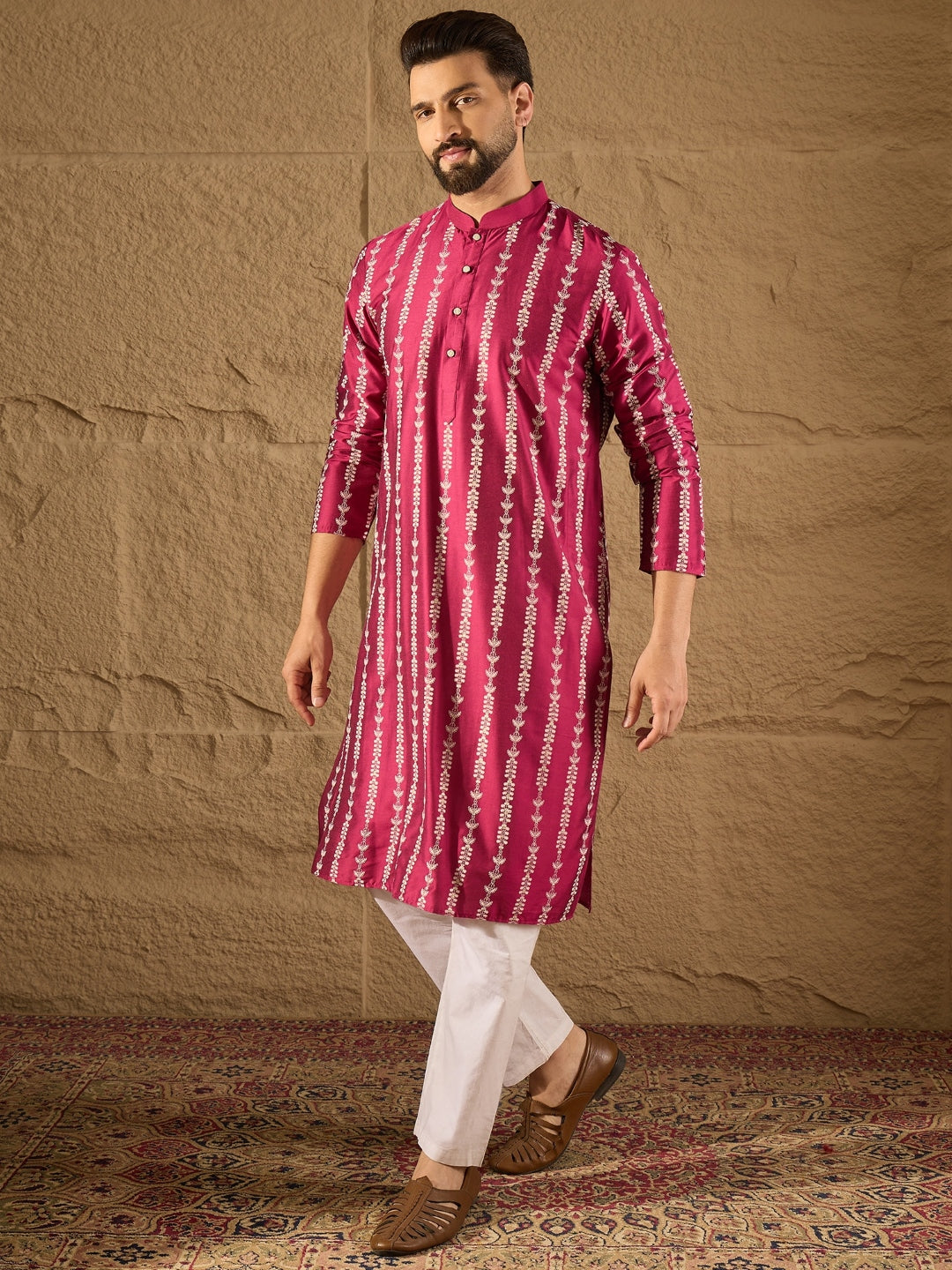 Ethnic Bay Men Pink Pure Silk Ethnic Motifs Printed Straight Kurta with Trousers-MKSET1283