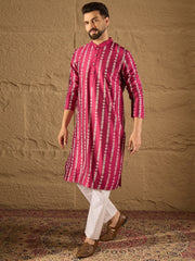 Ethnic Bay Men Pink Pure Silk Ethnic Motifs Printed Straight Kurta with Trousers-MKSET1283