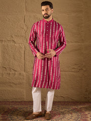 Ethnic Bay Men Pink Pure Silk Ethnic Motifs Printed Straight Kurta with Trousers-MKSET1283