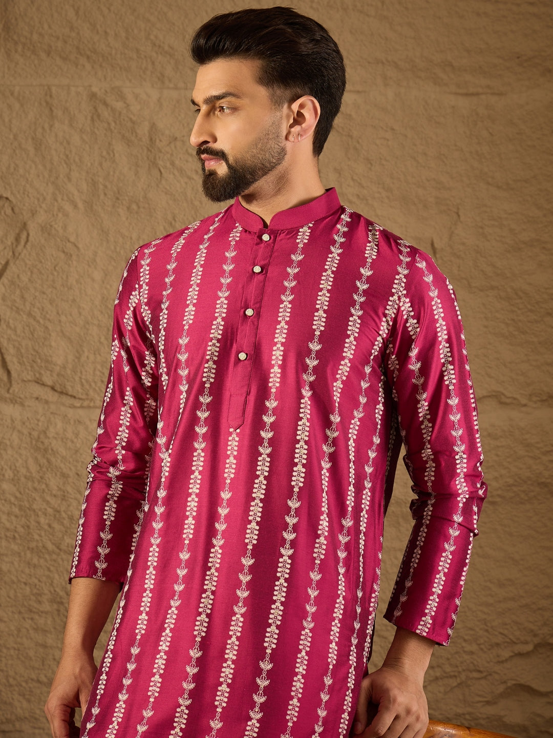 Ethnic Bay Men Pink Pure Silk Ethnic Motifs Printed Straight Kurta with Trousers-MKSET1283