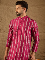 Ethnic Bay Men Pink Pure Silk Ethnic Motifs Printed Straight Kurta with Trousers-MKSET1283