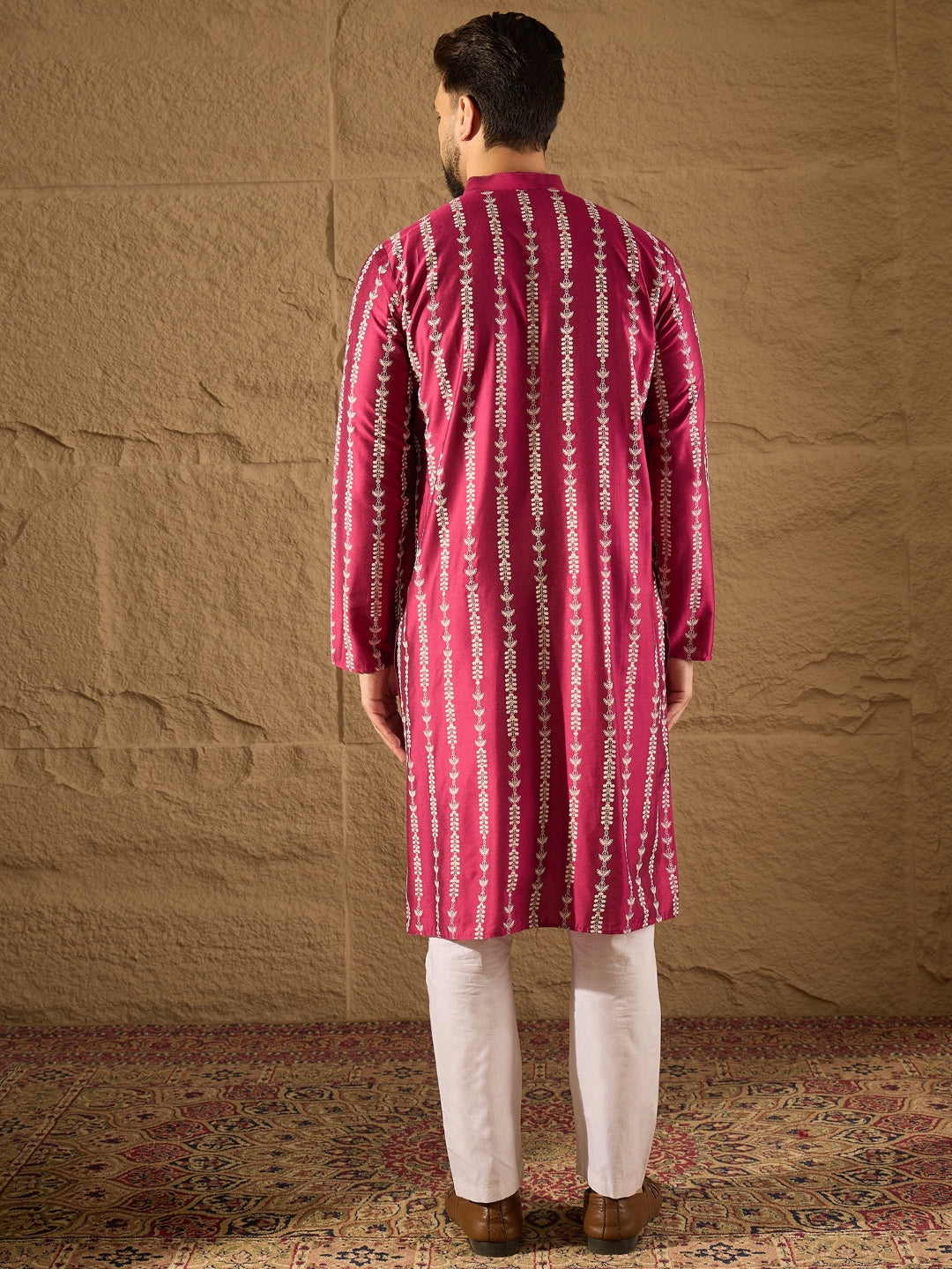 Ethnic Bay Men Pink Pure Silk Ethnic Motifs Printed Straight Kurta with Trousers-MKSET1283