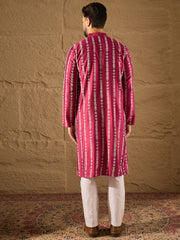 Ethnic Bay Men Pink Pure Silk Ethnic Motifs Printed Straight Kurta with Trousers-MKSET1283