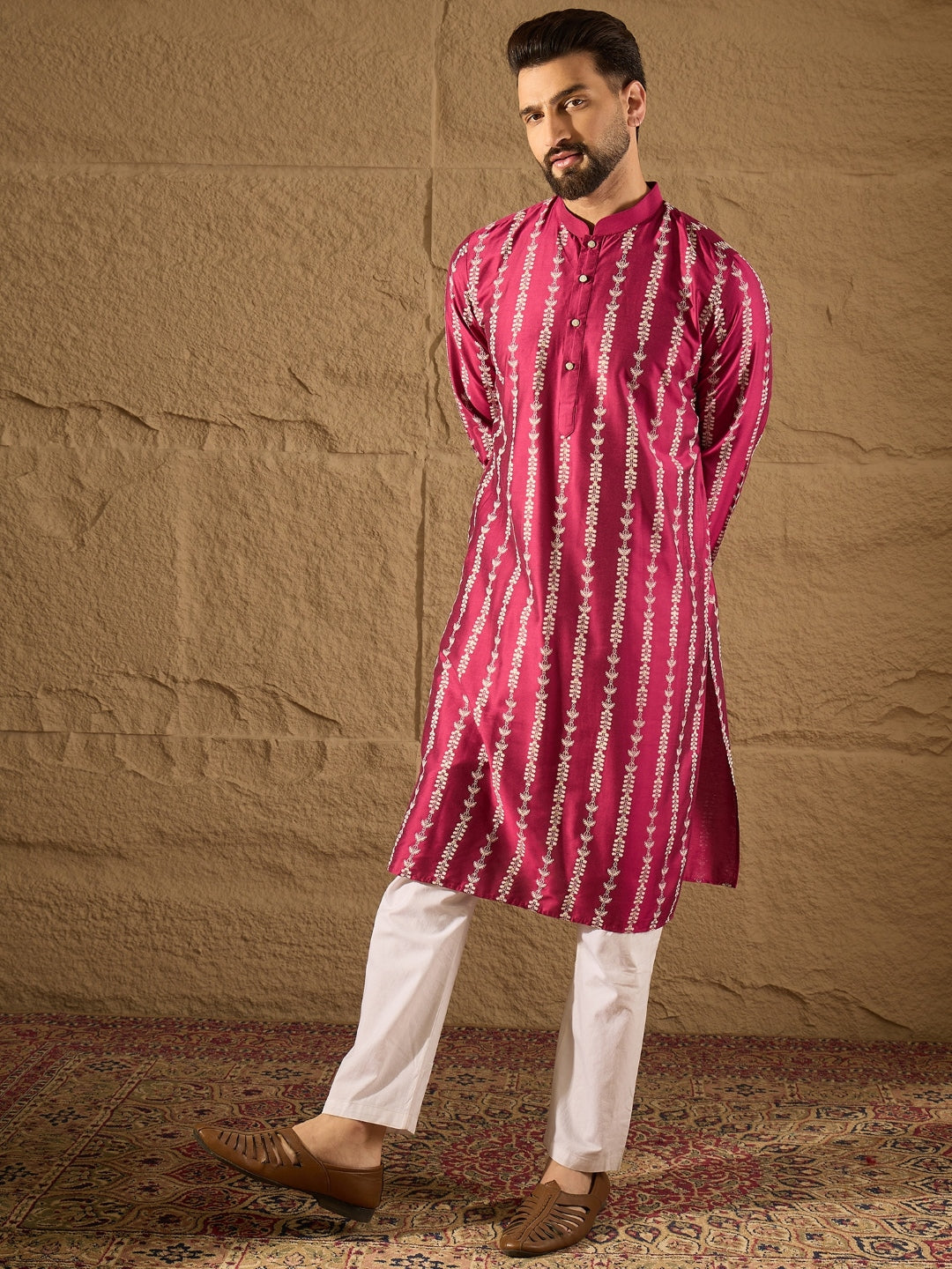 Ethnic Bay Men Pink Pure Silk Ethnic Motifs Printed Straight Kurta with Trousers-MKSET1283