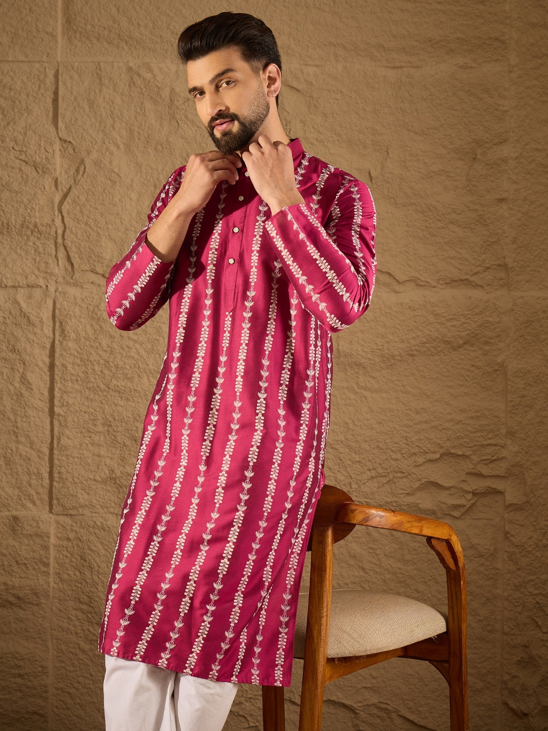 Ethnic Bay Men Pink Pure Silk Ethnic Motifs Printed Straight Kurta with Trousers-MKSET1283