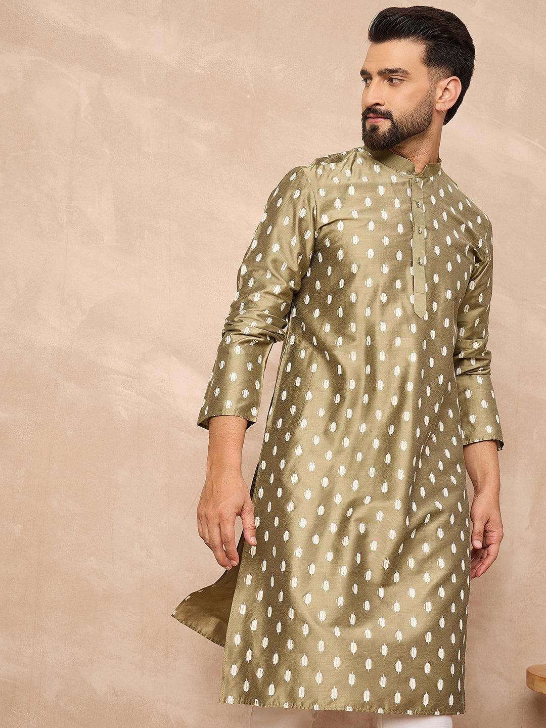 Ethnic Bay Men Olive Pure Silk Abstract Printed Straight Kurta with Trousers-MKSET1284