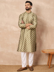 Ethnic Bay Men Olive Pure Silk Abstract Printed Straight Kurta with Trousers-MKSET1284