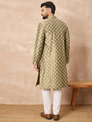 Ethnic Bay Men Olive Pure Silk Abstract Printed Straight Kurta with Trousers-MKSET1284