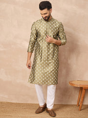 Ethnic Bay Men Olive Pure Silk Abstract Printed Straight Kurta with Trousers-MKSET1284