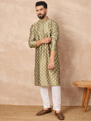 Ethnic Bay Men Olive Pure Silk Abstract Printed Straight Kurta with Trousers-MKSET1284