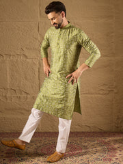 Ethnic Bay Men Green Pure Silk Geometric Printed Straight Kurta with Trouser-MKSET1285