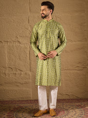 Ethnic Bay Men Green Pure Silk Geometric Printed Straight Kurta with Trouser-MKSET1285