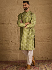 Ethnic Bay Men Green Pure Silk Geometric Printed Straight Kurta with Trouser-MKSET1285