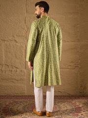 Ethnic Bay Men Green Pure Silk Geometric Printed Straight Kurta with Trouser-MKSET1285