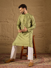 Ethnic Bay Men Green Pure Silk Geometric Printed Straight Kurta with Trouser-MKSET1285