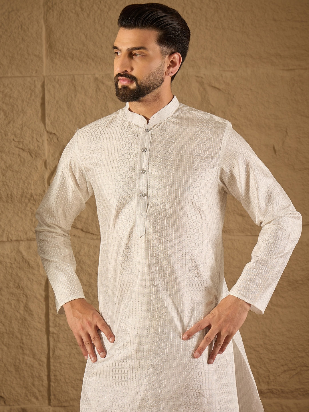 Ethnic Bay Men White Silk Blend Solid Embroidered Straight Kurta with Trouser-MKSET1286