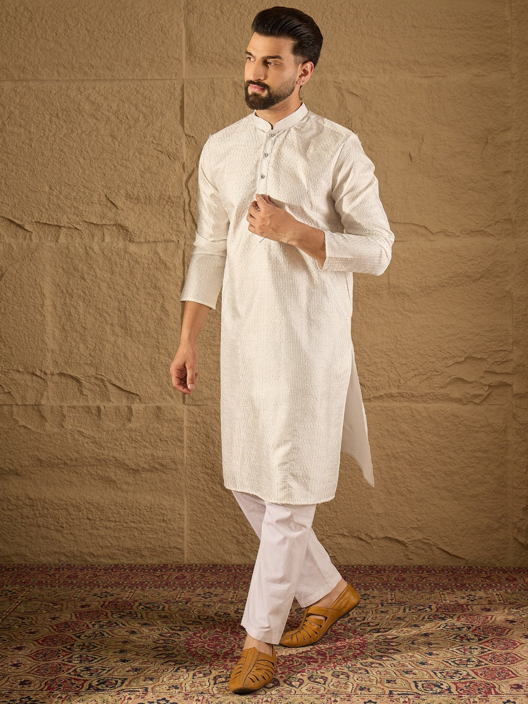 Ethnic Bay Men White Silk Blend Solid Embroidered Straight Kurta with Trouser-MKSET1286